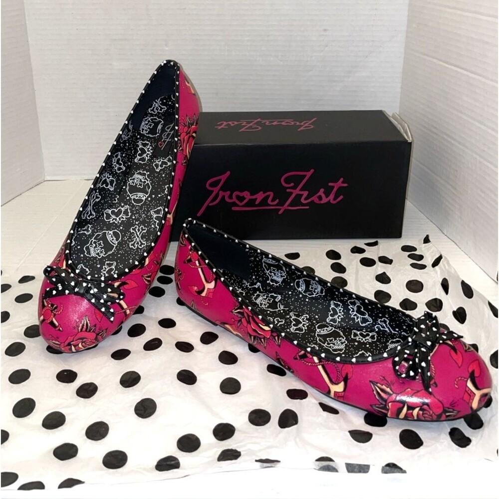 Iron Fist Womens Size 11 Ballet Flats Shoes Tattoo Roses & Anchor Print Bow NEW
